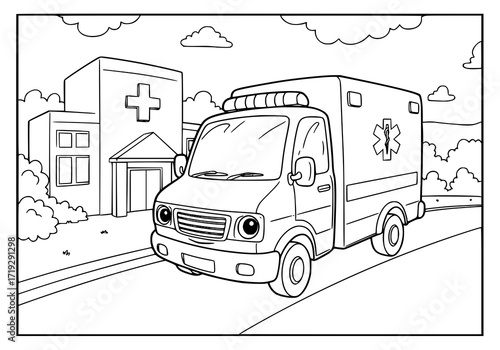 Emergency ambulance car rushing to the hospital, a coloring page for children, promoting creativity and learning about community helpers in action