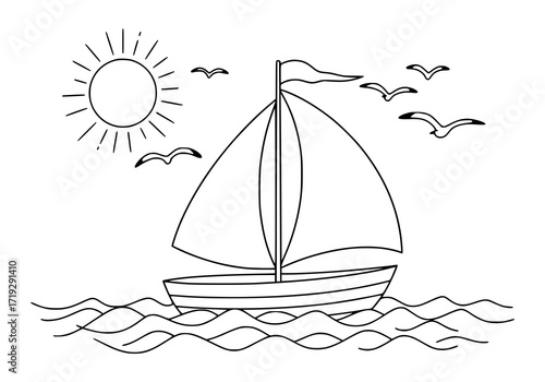 Serene sailboat sailing on gentle waves beneath a radiant sun, seagulls soaring overhead, perfect for children's books or nautical themed designs