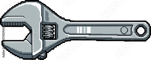 Pixel art depiction of an adjustable wrench, a common hand tool used for tightening and loosening nuts and bolts.
