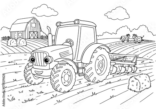 Fun tractor illustration plowing fields near barn with cows, perfect for kids coloring books and educational resources about farm life and agriculture