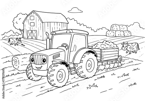 Delightful cartoon tractor plowing a field near a charming barn, complete with friendly cows and hay bales, perfect for children's books or educational materials