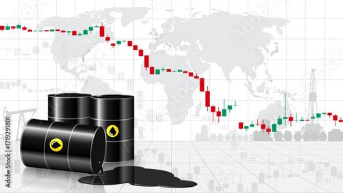 Chart of falling oil prices per barrel. Barrels, puddle of spilled crude oil on map background. Analysis fall of global energy markets. World market review. Investment strategies. Vector