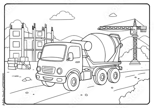 Line art illustration of a cement truck at a construction site with a crane, perfect for children's coloring books and educational materials about building.