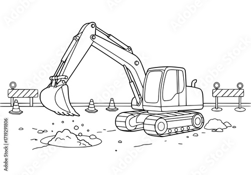 Backhoe excavator digging at construction site with safety cones and barriers, perfect for childrens books or construction themes, originally scalable vector