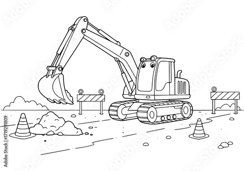 Playful excavator cartoon illustration perfect for children's books and educational materials, showcasing construction equipment in a fun, engaging style