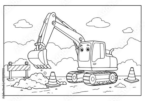 Whimsical excavator illustration ready to get to work, a fun coloring page for construction enthusiasts, or a quirky educational resource for kids