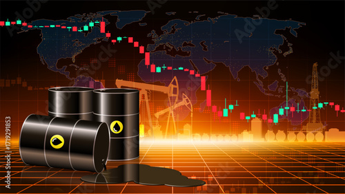 Chart of falling oil prices per barrel. Crude oil barrels on dark abstract desert background. Analysis fall of global energy markets. World market review. Investment strategies. Vector illustration