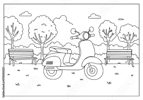 Charming scooter parked serenely amidst trees and benches, inviting a carefree journey and nostalgic adventures in a peaceful park setting