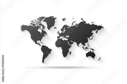 Minimalist flat world map, simple gray silhouettes of continents with country borders on a white background
