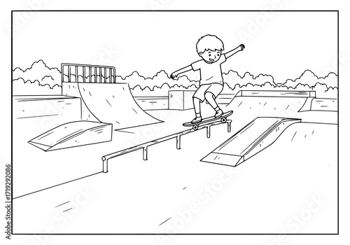 Young skater grinds rail at skatepark, perfect for kids' illustration, coloring books, or fun activity designs, showcasing an active, playful lifestyle graphic