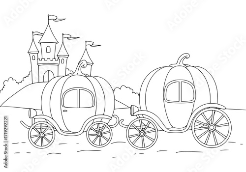 Enchanting pumpkin carriage with magical castle, perfect for storybooks and fairytale designs, add a touch of whimsy and adventure to your next project