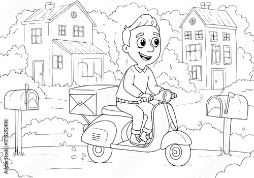 Cheerful cartoon boy delivering mail on scooter through neighborhood, bringing joy with every delivery, vibrant vector art for children's books and educational resources