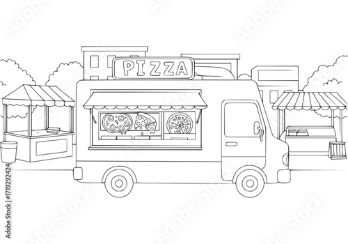 Charming Pizza Truck Illustration Ready for Coloring, Inspiring Creativity and Fun, Perfect for Kids' Activities and Restaurant Decor Projects
