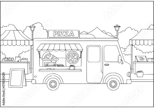 Whimsical pizza food truck illustration, perfect for coloring books or playful branding, capturing street food fun with an inviting, hand-drawn feel