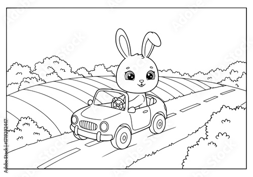 Adorable bunny joyriding in a vintage convertible, perfect for children's book illustrations and springtime themes, creating heartwarming moments and fun adventures