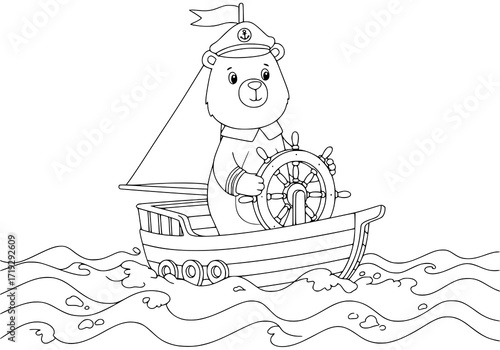 Adorable bear captain sailing the ocean waves in a cute boat, perfect for children's books, coloring pages and educational resources, nautical adventure theme