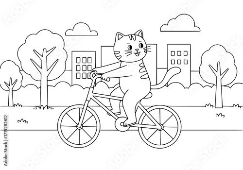 Whimsical line art of a happy cat riding a bicycle through the city park, perfect for children's coloring books and lighthearted designs, originally vector