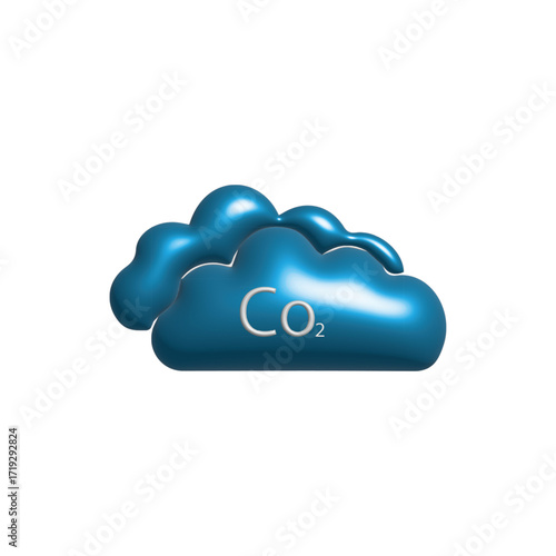 Contemporary 3D graphic icon with stylized blue clouds prominently displaying CO2, representing carbon dioxide emissions, greenhouse gas, air pollution, and critical global environmental climate chang