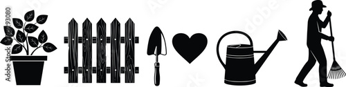 Gardening, tools, nature, love, outdoor, silhouette, icons, plant, fence, trowel, watering can, rake, passion, yard work, eco, care, environment, hobby, lifestyle, black