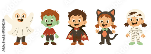 Vector children in Halloween costumes. Cute vector illustration of kids dressed as ghost, zombie, vampire, cat and mummy for Trick or Treat party.