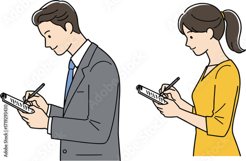 Business professionals writing notes, teamwork collaboration, office productivity, corporate planning, executive management strategy, career success, modern workplace environment, 