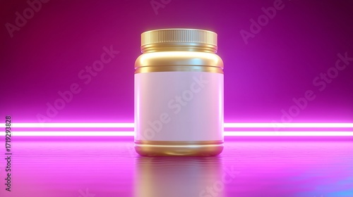 Premium white creatine monohydrate jar with gold metallic label on futuristic neon glow background