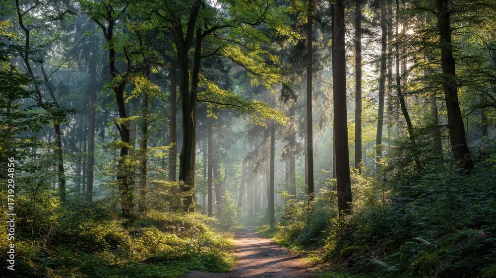 Fototapeta premium Forest Trail: A scenic path winding through a sun-dappled forest. The photograph invites viewers to experience the serenity of the natural world.