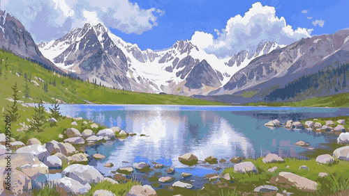 Alpine Serenity Mountain landscape with lake isolated watercolor vector illustration svg
