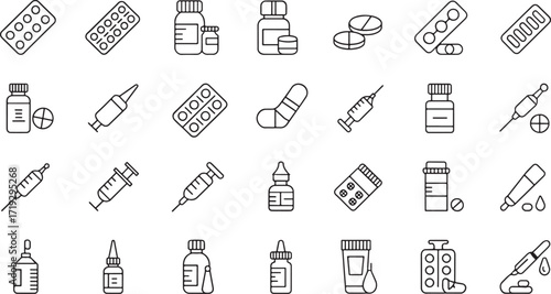 Medical icons collection representing syringes, pills, bottles, and pharmaceutical products.
