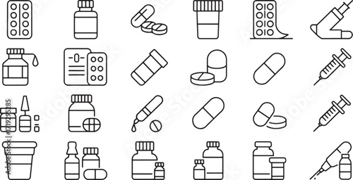 Medical icons collection representing syringes, pills, bottles, and pharmaceutical products.