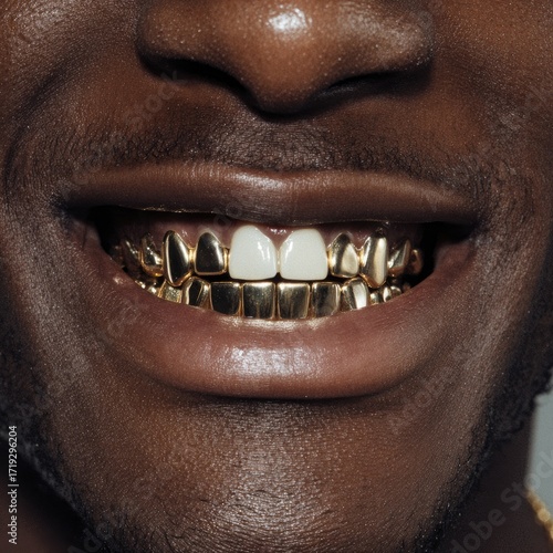 Close-up of a smiling person's mouth adorned with prominent gold grillz, showcasing a contrast between the golden teeth and the natural skin tone