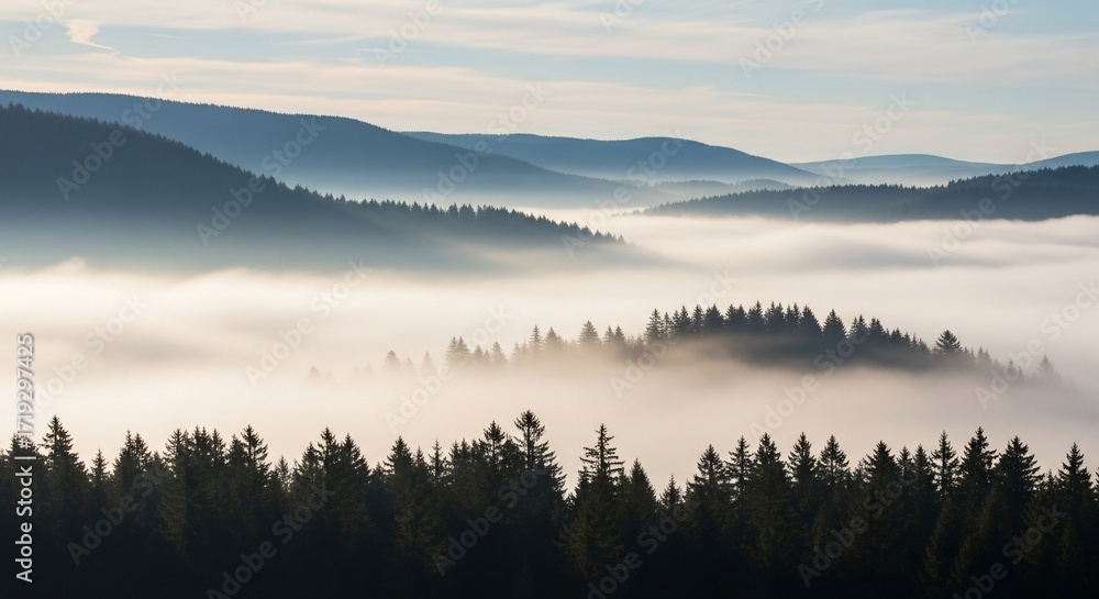 Fototapeta premium Misty Forest Landscape with Rolling Hills and Layered Mountain Ranges