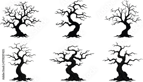 Leafless tree silhouettes, barren branches, eerie woodland, seasonal forest, black outline, natural illustration, spooky design, winter landscape, artistic foliage, botanical art
