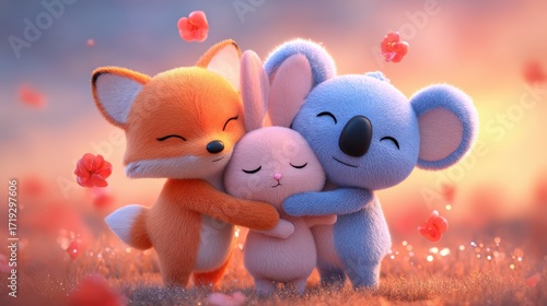 Whimsical Embrace: A charming illustration depicts three adorable animated creatures-- a fox, a bunny, and a koala-- in a loving hug. The scene is tender and heartwarming.