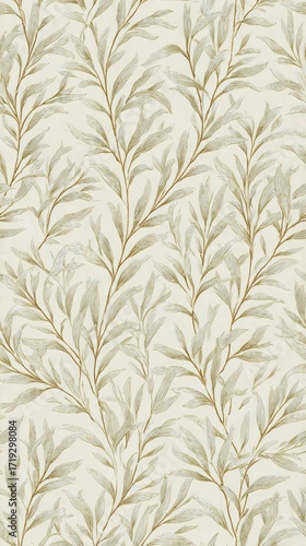 Elegant beige background with a repeating pattern of delicate, olive-branch-like foliage in a muted gold tone, creating a subtle yet sophisticated texture