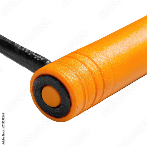Close-up of an orange jump rope handle with black cord