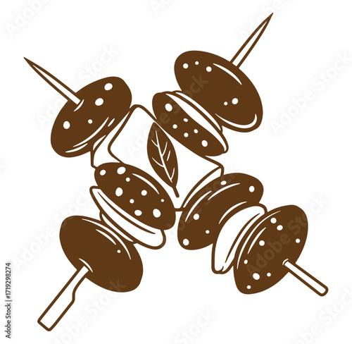 Artistic illustration of roasted mushrooms skewered with wooden sticks isolated on white