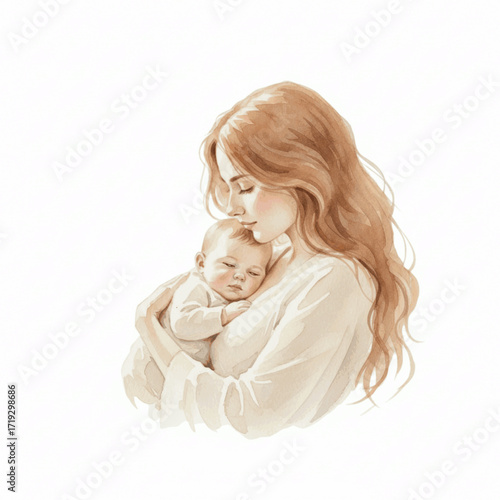 The First Embrace Mother holding baby isolated watercolor vector illustration svg