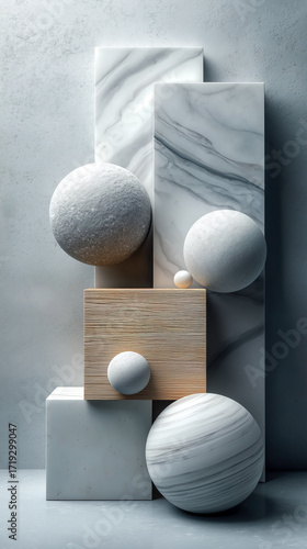 Abstract marble textures forming geometric cubes and spheres, white and gray elegant tones