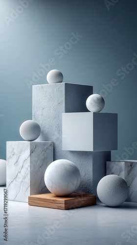 Abstract marble textures forming geometric cubes and spheres, white and gray elegant tones