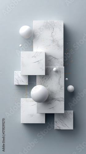 Abstract marble textures forming geometric cubes and spheres, white and gray elegant tones
