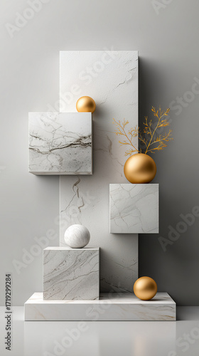 Abstract marble textures forming geometric cubes and spheres, white and gray elegant tones