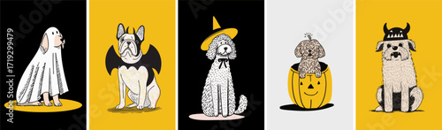Cute doodle halloween dogs in costumes with witch hats pumpkins ghosts and bat wings