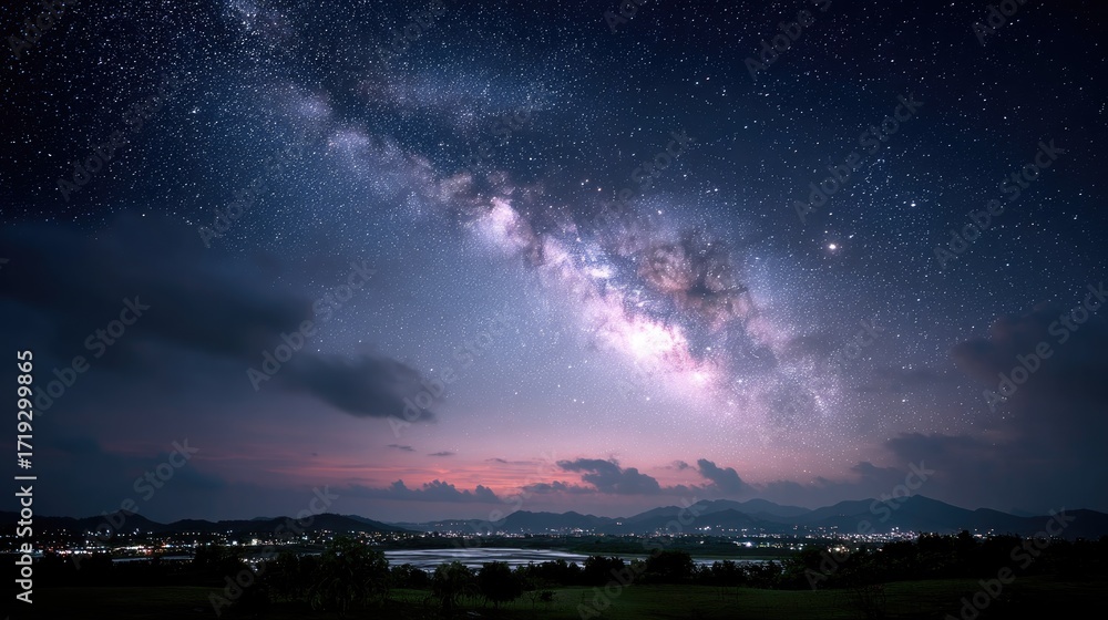 Fototapeta premium Night Sky Above Rural Landscape with Starry Milky Way Galaxy and Clouds in Blue Purple Hues Nighttime Scenery