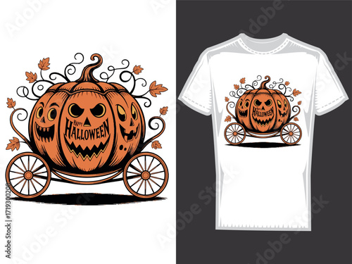 Giant pumpkin carriage with spooky faces, Halloween fantasy t-shirt design