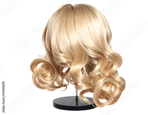   Long Curly Blonde Wig on Invisible Stand, Angled Perspective, Isolated