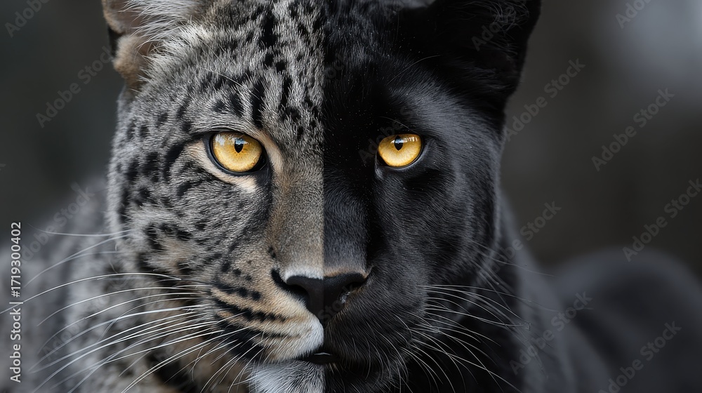Obraz premium Dichotomous Big Cat: A striking artistic split portrait showcasing the contrast between the spotted leopard and the sleek black panther, embodying duality and power.