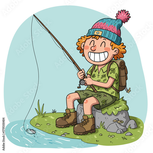 Smiling cartoon child with curly orange hair catches a fish while sitting on a rock, wearing a pom-pom hat and leaf-patterned shirt.
