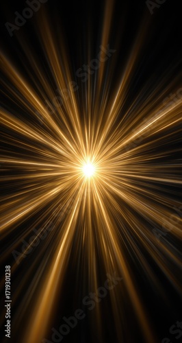 Abstract gold starburst exploding on a black background, conveying energy and focus. For futuristic themes