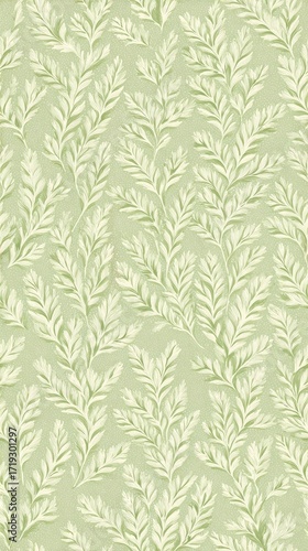 Pale green background with a repeating pattern of stylized off-white fern-like foliage